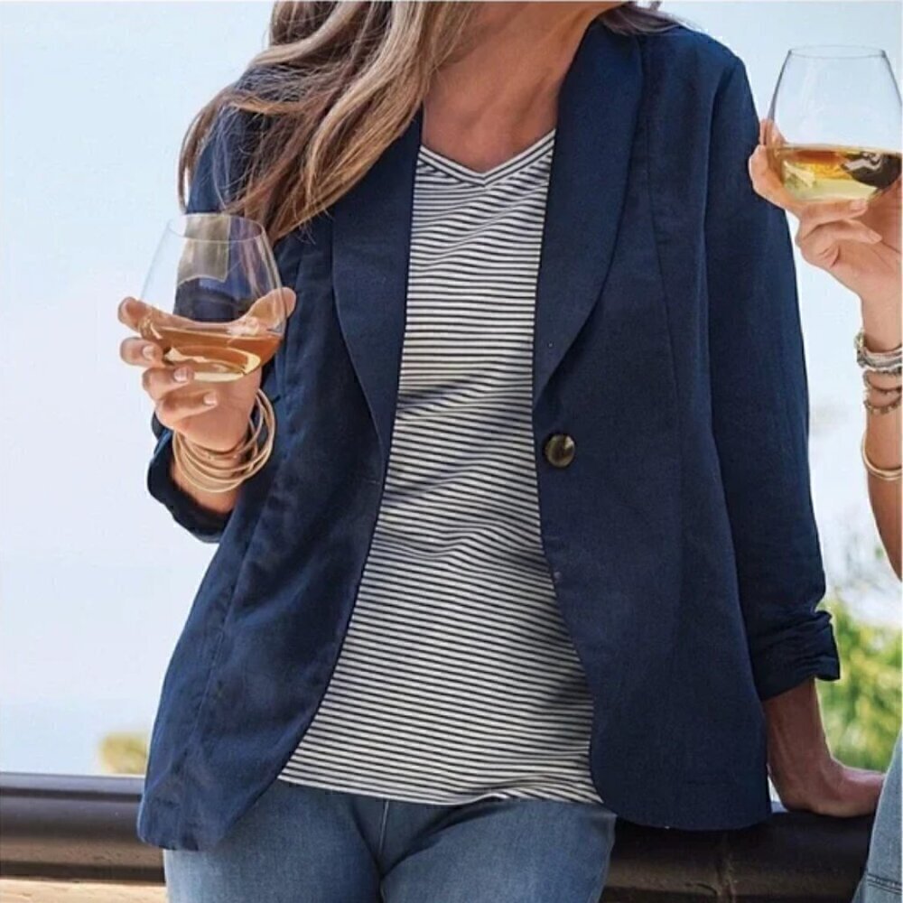 SOFT SURROUNDINGS Vici Linen Blend Blazer in Navy Blue Size XL Petite